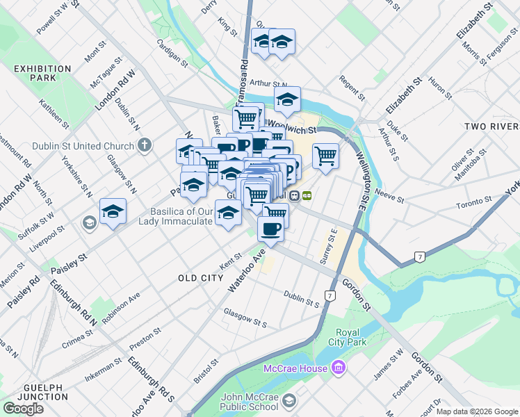 map of restaurants, bars, coffee shops, grocery stores, and more near 3 Macdonell Street in Guelph