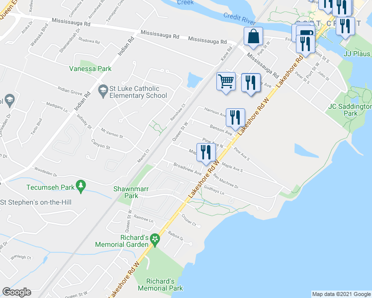 map of restaurants, bars, coffee shops, grocery stores, and more near 29 Maple Avenue North in Mississauga