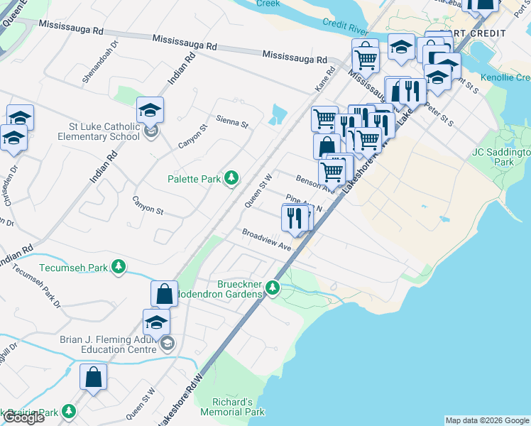 map of restaurants, bars, coffee shops, grocery stores, and more near 38A Maple Avenue North in Mississauga