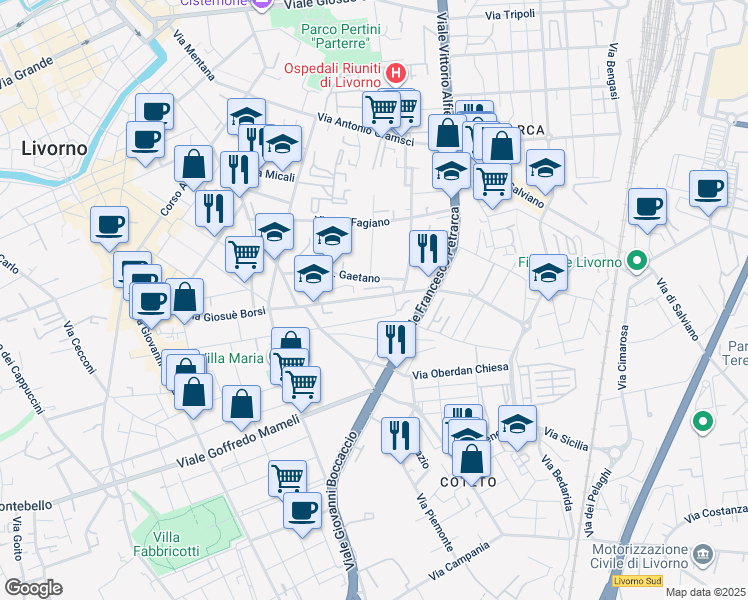 map of restaurants, bars, coffee shops, grocery stores, and more near 98 Via Pietro Coccoluto Ferrigni in Livorno