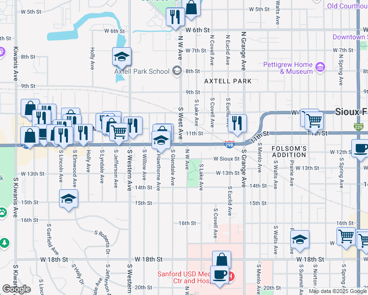 map of restaurants, bars, coffee shops, grocery stores, and more near 1501 West 12th Street in Sioux Falls