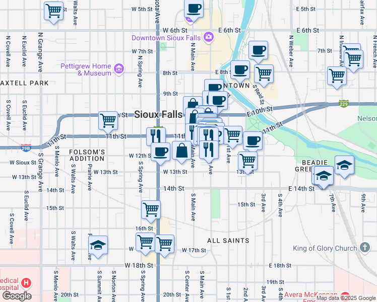 map of restaurants, bars, coffee shops, grocery stores, and more near 301 South Main Avenue in Sioux Falls