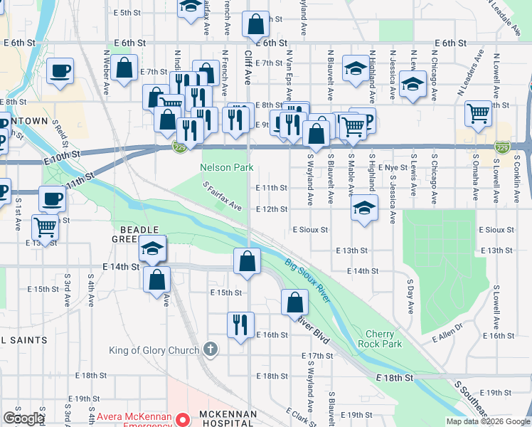 map of restaurants, bars, coffee shops, grocery stores, and more near 506 South Cliff Avenue in Sioux Falls