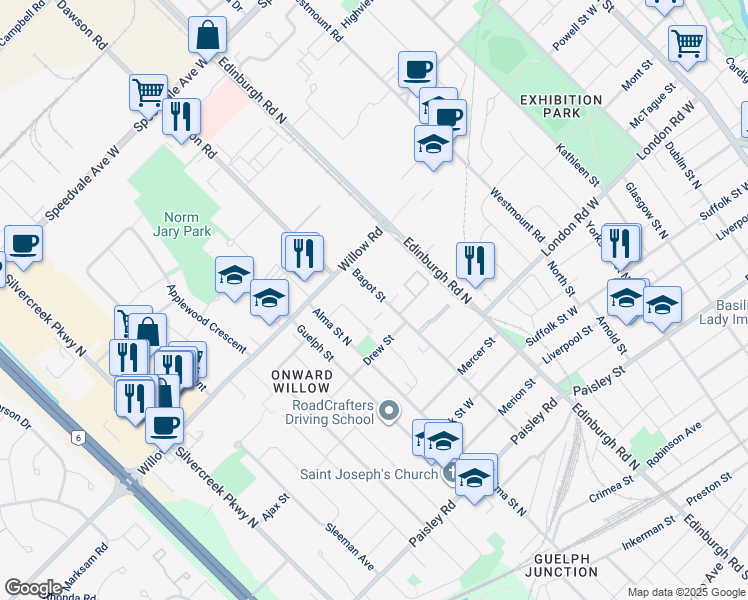 map of restaurants, bars, coffee shops, grocery stores, and more near 138 Bagot Street in Guelph