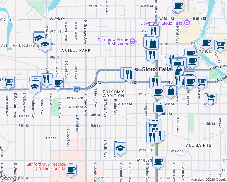 map of restaurants, bars, coffee shops, grocery stores, and more near 824 West 12th Street in Sioux Falls