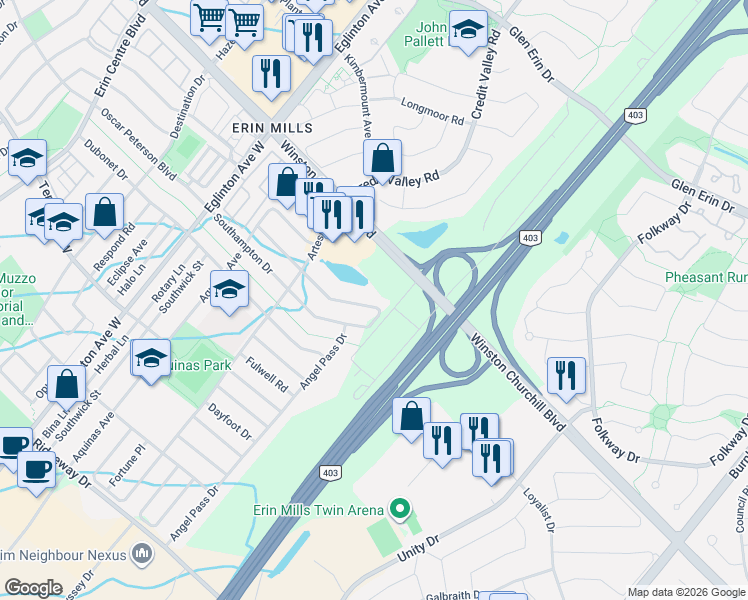 map of restaurants, bars, coffee shops, grocery stores, and more near 4730 Colombo Crescent in Mississauga