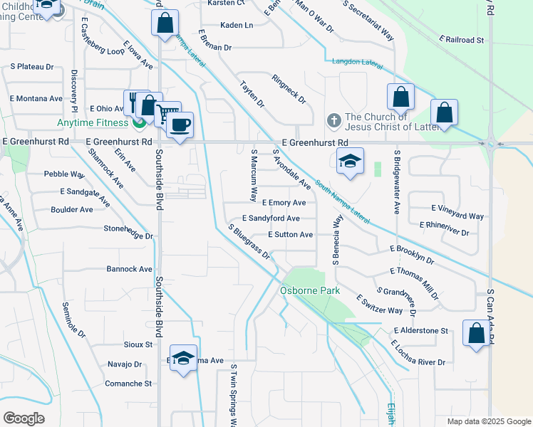 map of restaurants, bars, coffee shops, grocery stores, and more near 3516 East Sandyford Avenue in Nampa