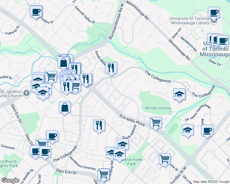 map of restaurants, bars, coffee shops, grocery stores, and more near in Mississauga