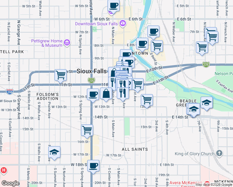 map of restaurants, bars, coffee shops, grocery stores, and more near 108 West 12th Street in Sioux Falls