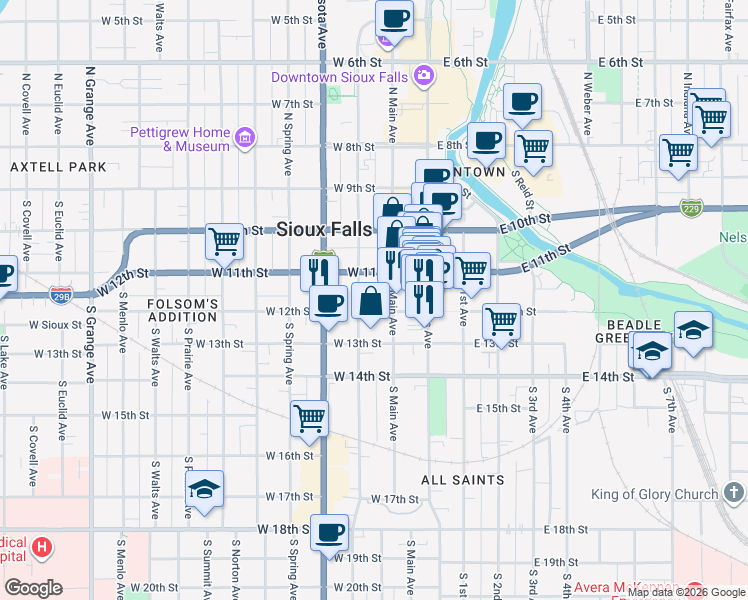 map of restaurants, bars, coffee shops, grocery stores, and more near 301 South Main Avenue in Sioux Falls