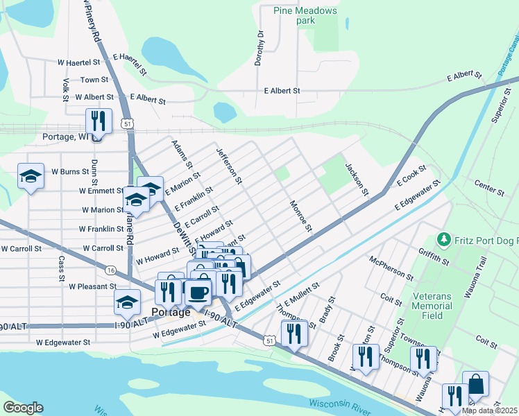 map of restaurants, bars, coffee shops, grocery stores, and more near 515 Jefferson Street in Portage