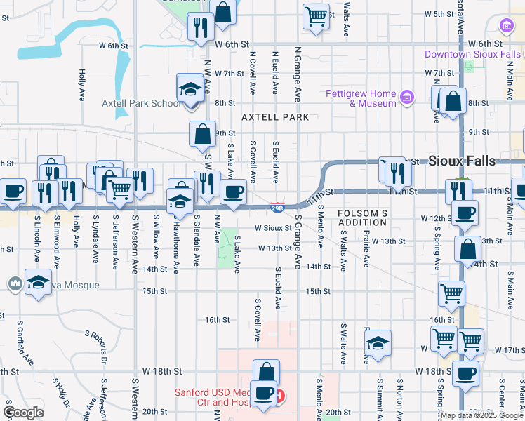 map of restaurants, bars, coffee shops, grocery stores, and more near 1223 West 12th Street in Sioux Falls