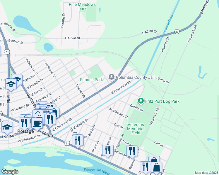 map of restaurants, bars, coffee shops, grocery stores, and more near 614 East Cook Street in Portage
