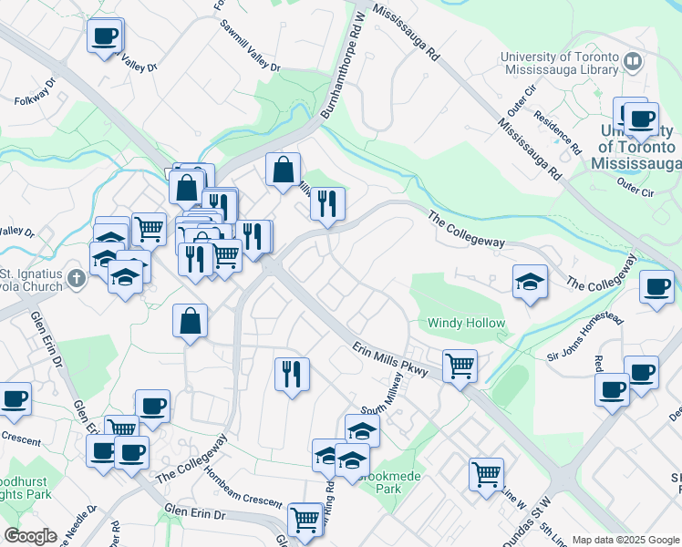 map of restaurants, bars, coffee shops, grocery stores, and more near 3380 South Millway in Mississauga