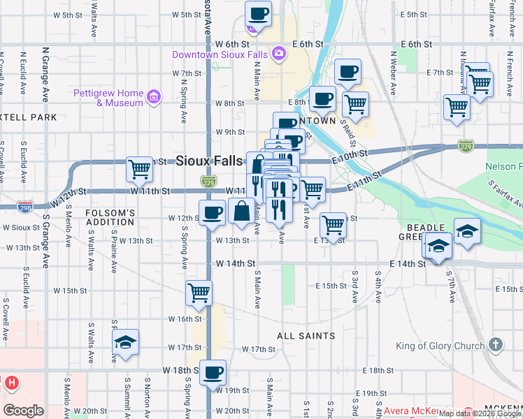map of restaurants, bars, coffee shops, grocery stores, and more near 108 West 12th Street in Sioux Falls