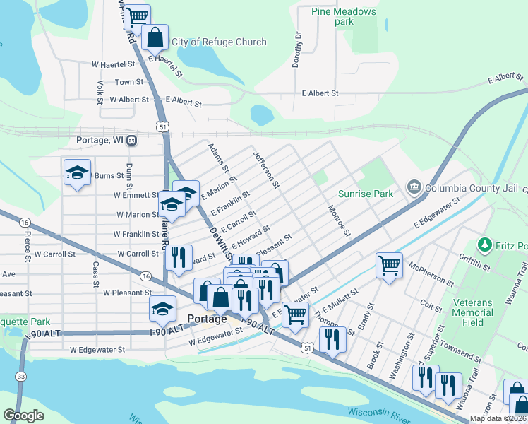 map of restaurants, bars, coffee shops, grocery stores, and more near 217 East Howard Street in Portage