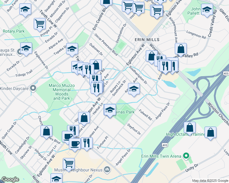map of restaurants, bars, coffee shops, grocery stores, and more near 3381 Southwick Street in Mississauga