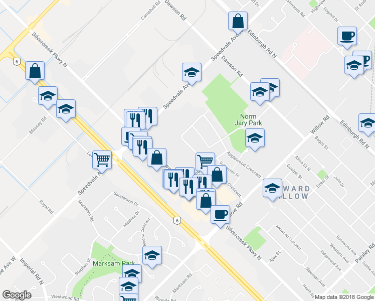 map of restaurants, bars, coffee shops, grocery stores, and more near 115 Applewood Crescent in Guelph