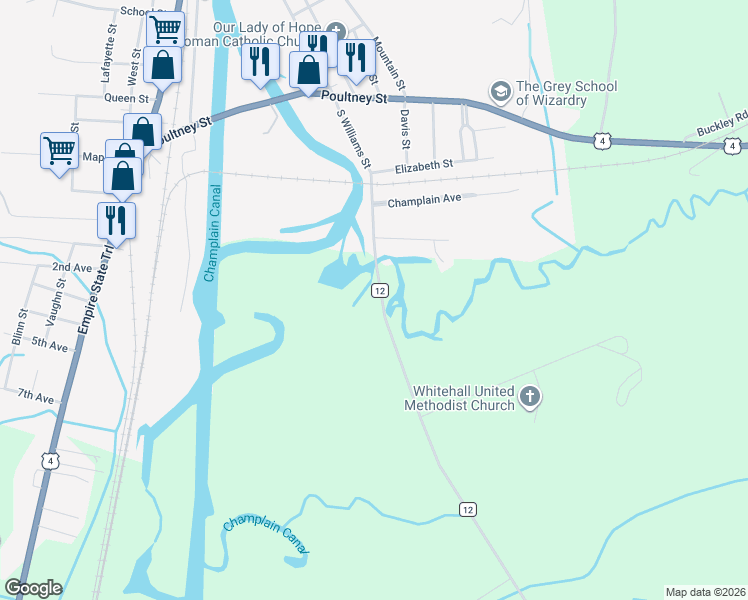 map of restaurants, bars, coffee shops, grocery stores, and more near 2779 County Route 12 in Whitehall