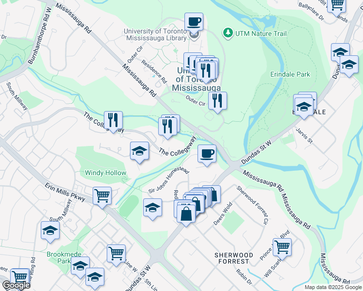 map of restaurants, bars, coffee shops, grocery stores, and more near 1665 The Collegeway in Mississauga