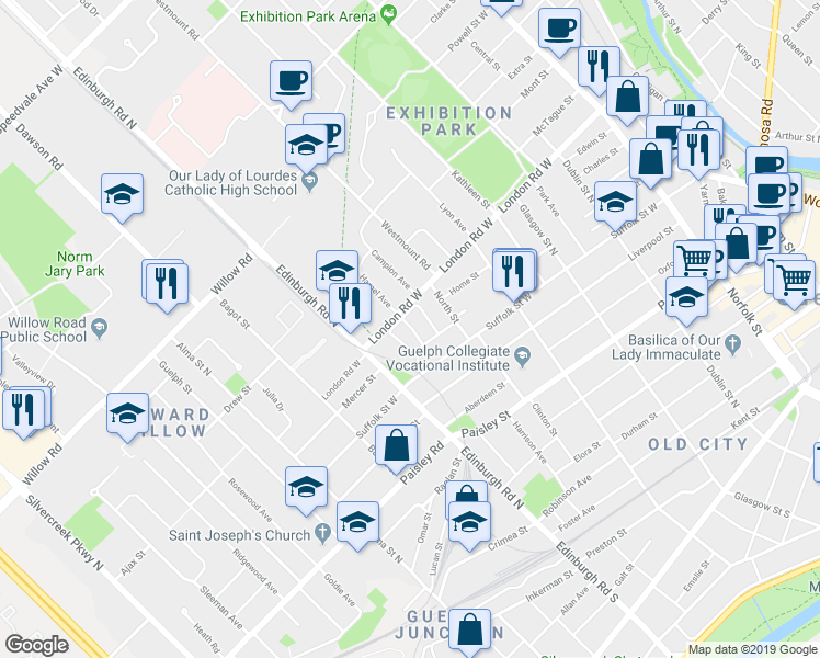 map of restaurants, bars, coffee shops, grocery stores, and more near 240 London Road West in Guelph