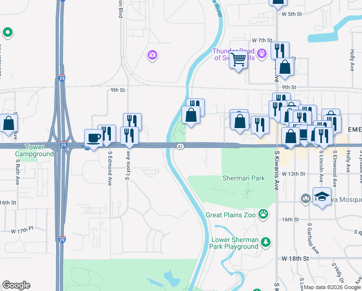 map of restaurants, bars, coffee shops, grocery stores, and more near 3113 West 12th Street in Sioux Falls