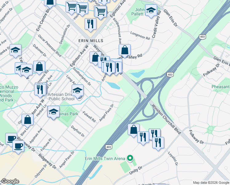 map of restaurants, bars, coffee shops, grocery stores, and more near 4698 Colombo Crescent in Mississauga