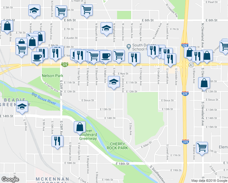 map of restaurants, bars, coffee shops, grocery stores, and more near 501 South Highland Avenue in Sioux Falls