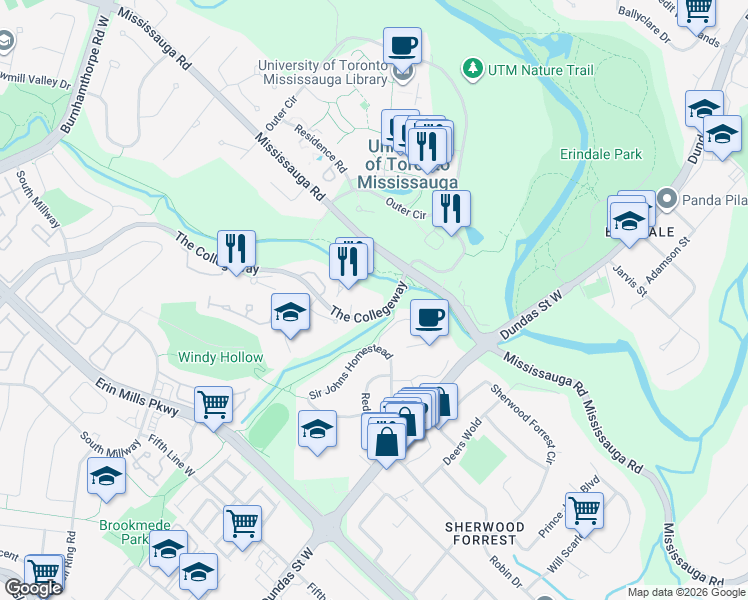 map of restaurants, bars, coffee shops, grocery stores, and more near 1665 The Collegeway in Mississauga