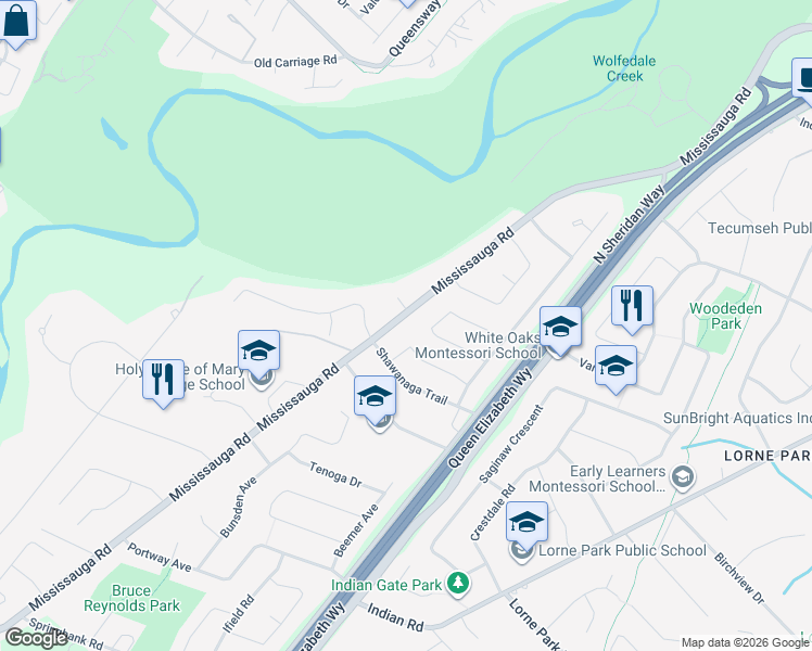 map of restaurants, bars, coffee shops, grocery stores, and more near in Mississauga