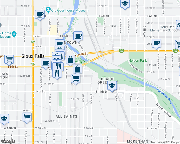 map of restaurants, bars, coffee shops, grocery stores, and more near 412 East 12th Street in Sioux Falls