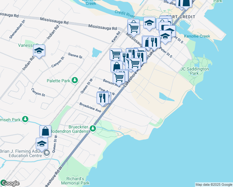 map of restaurants, bars, coffee shops, grocery stores, and more near 122 Pine Avenue North in Mississauga