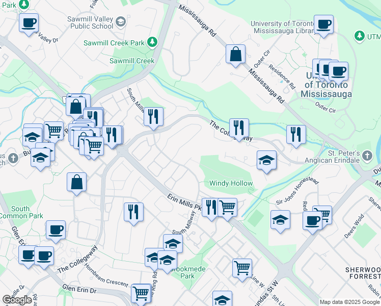 map of restaurants, bars, coffee shops, grocery stores, and more near 2023 Jacamar Court in Mississauga