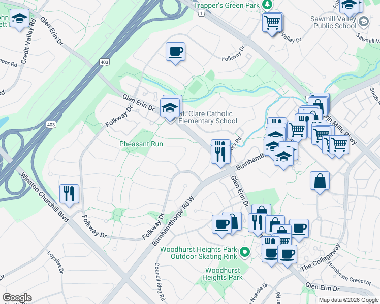 map of restaurants, bars, coffee shops, grocery stores, and more near 4291 Pheasant Run in Mississauga