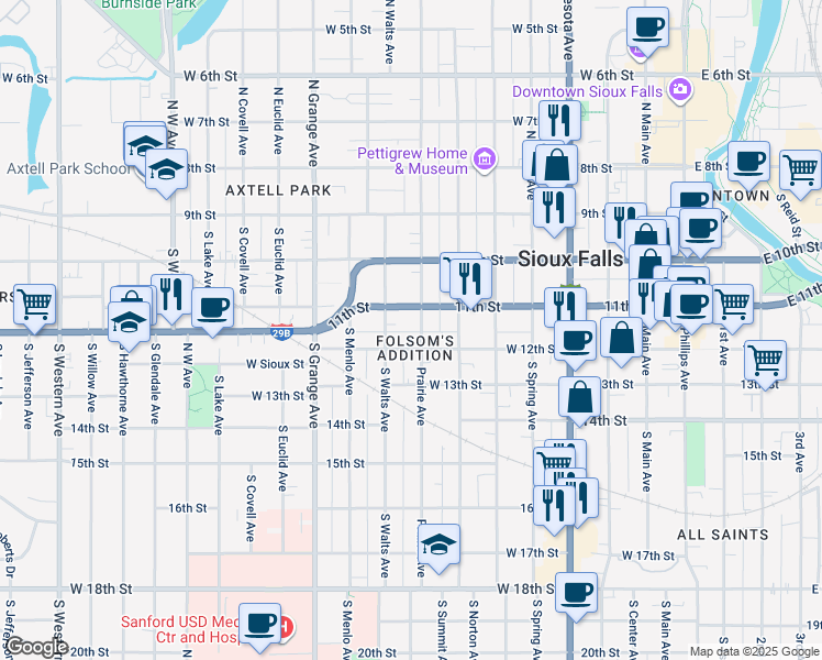 map of restaurants, bars, coffee shops, grocery stores, and more near 824 West 12th Street in Sioux Falls