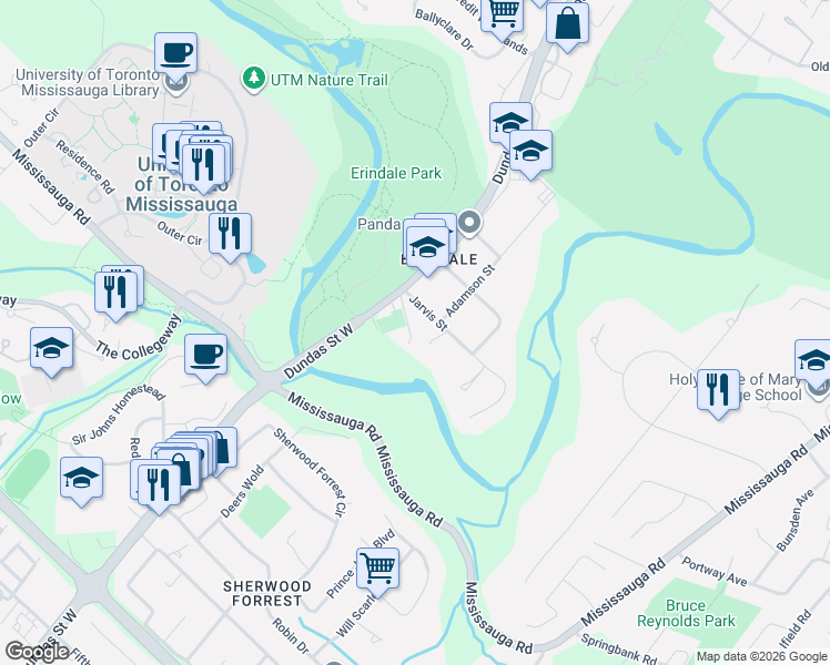 map of restaurants, bars, coffee shops, grocery stores, and more near 2557 Mindemoya Road in Mississauga