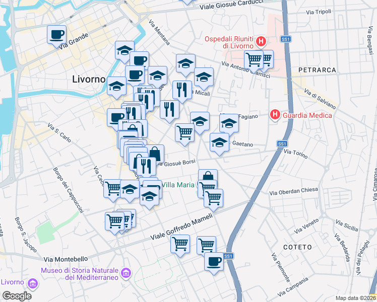 map of restaurants, bars, coffee shops, grocery stores, and more near 35 Via Vivoli in Livorno