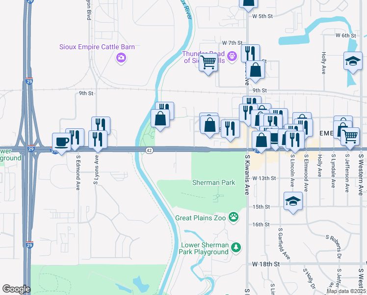 map of restaurants, bars, coffee shops, grocery stores, and more near 3020 West 12th Street in Sioux Falls