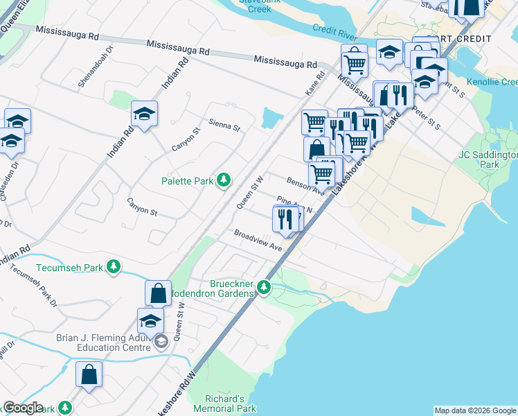 map of restaurants, bars, coffee shops, grocery stores, and more near 33 Maple Avenue North in Mississauga