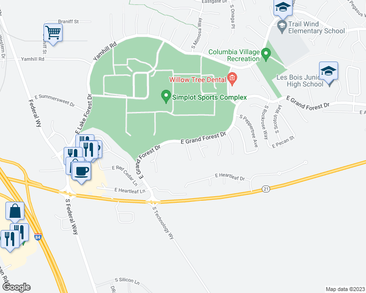 map of restaurants, bars, coffee shops, grocery stores, and more near 6409 South Hornbeam Place in Boise