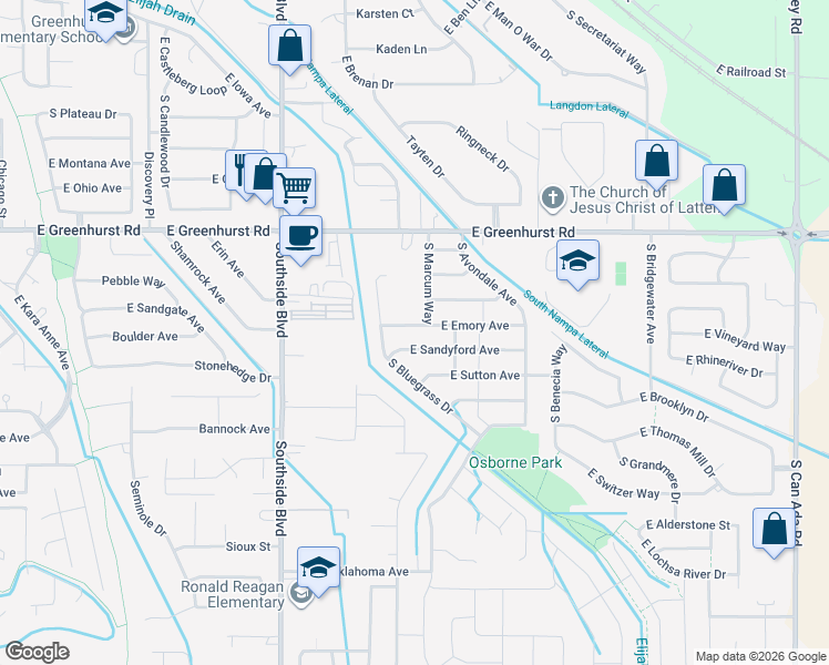 map of restaurants, bars, coffee shops, grocery stores, and more near 3429 East Emory Avenue in Nampa
