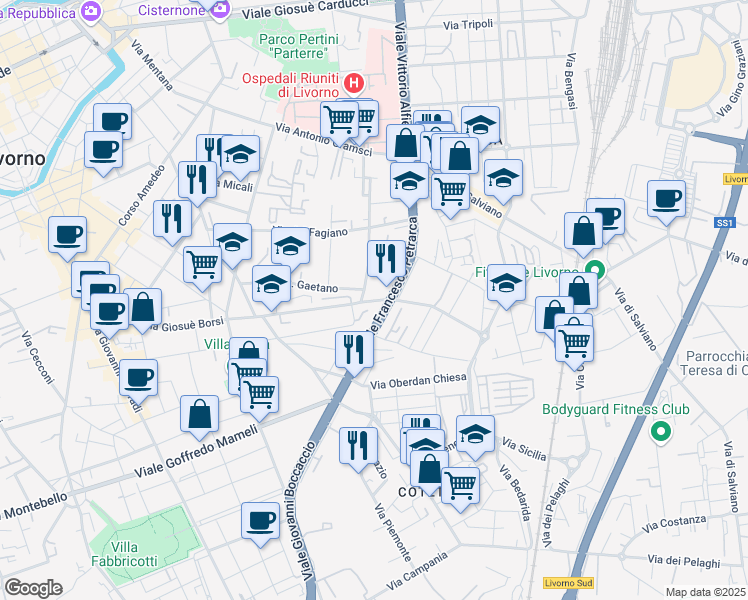 map of restaurants, bars, coffee shops, grocery stores, and more near 129 Viale Francesco Petrarca in Livorno