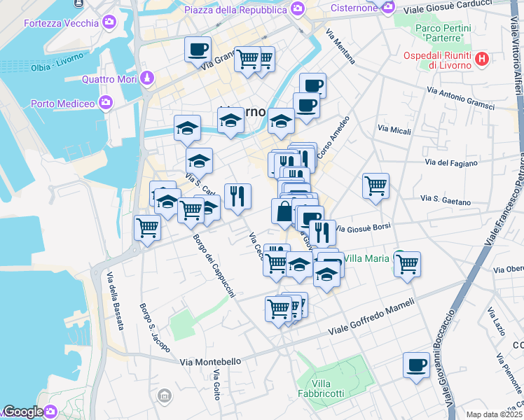 map of restaurants, bars, coffee shops, grocery stores, and more near 52 Via Roma in Livorno