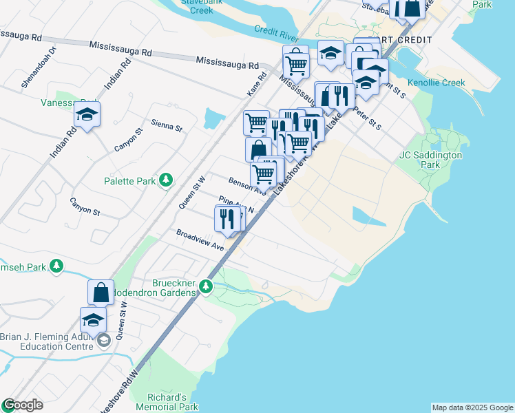 map of restaurants, bars, coffee shops, grocery stores, and more near 122 Pine Avenue North in Mississauga