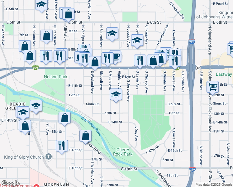 map of restaurants, bars, coffee shops, grocery stores, and more near 500-698 S Mable Ave in Sioux Falls