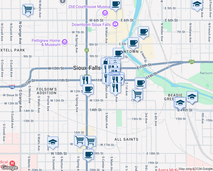 map of restaurants, bars, coffee shops, grocery stores, and more near 200 W 12th St in Sioux Falls