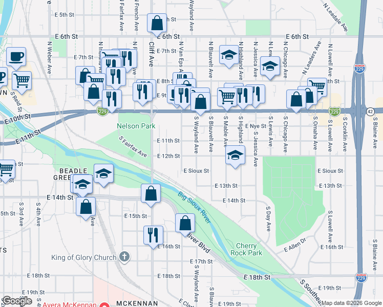 map of restaurants, bars, coffee shops, grocery stores, and more near 505 South Wayland Avenue in Sioux Falls