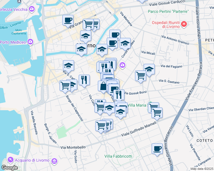 map of restaurants, bars, coffee shops, grocery stores, and more near 16 Via Leonardo Cambini in Livorno