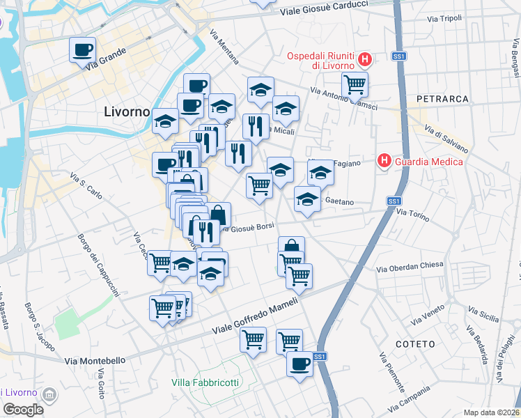 map of restaurants, bars, coffee shops, grocery stores, and more near 35 Via Vivoli in Livorno