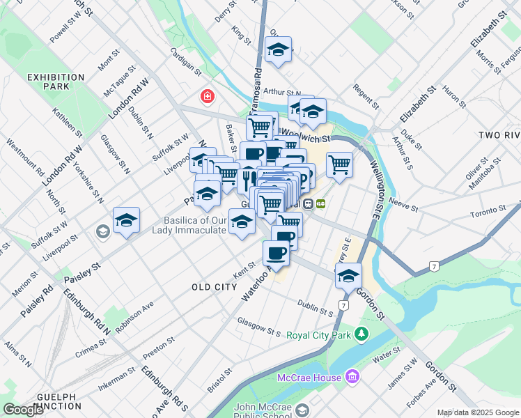 map of restaurants, bars, coffee shops, grocery stores, and more near 3 Macdonell Street in Guelph